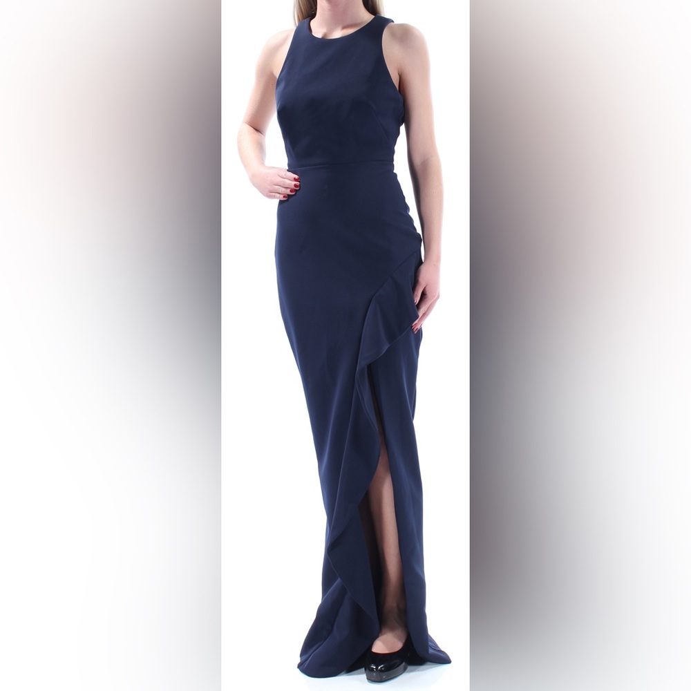 XSCAPE Navy Slitted Ruffled Jeweled Neck Full Length Sheath Formal Dress NWT - 2